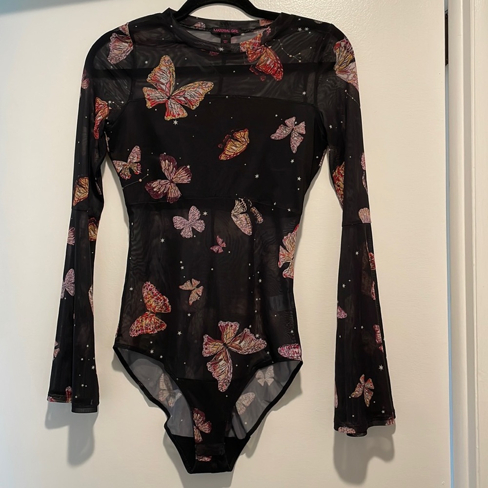 Material Girl black mesh butterfly constellation bodysuit Large